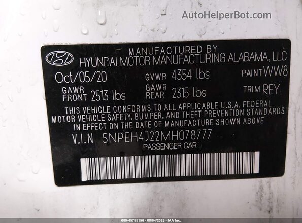 5NPEH4J22MH078777 2021 HYUNDAI SONATA White ძრავის განყოფილების ხედი
