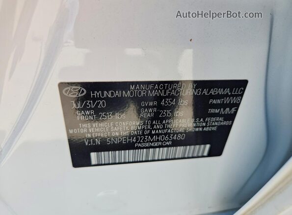 5NPEH4J23MH063480 2021 HYUNDAI SONATA White Engine compartment view