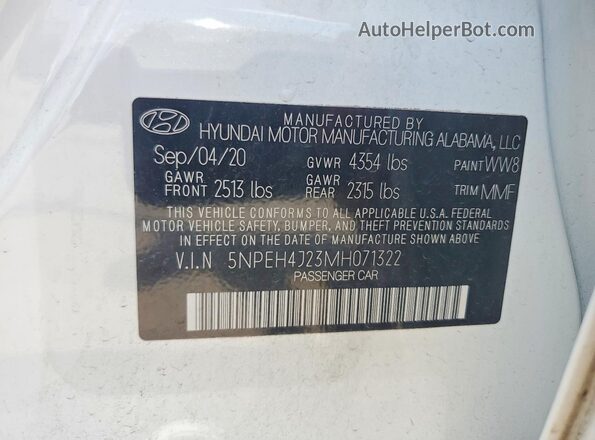5NPEH4J23MH071322 2021 HYUNDAI SONATA White VIN კოდის სტიკერის ხედი