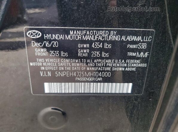 5NPEH4J25MH104000 2021 HYUNDAI SONATA Black VIN կոդի պիտակի տեսք