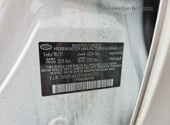 5NPEH4J25MH123792 2021 HYUNDAI SONATA White Շարժիչի բաժամունքի տեսք