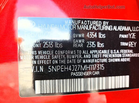 5NPEH4J27MH117315 2021 HYUNDAI SONATA Red Vista del compartimento del motor