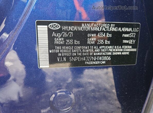 5NPEH4J27NH140806 2022 HYUNDAI SONATA Blue ძრავის განყოფილების ხედი