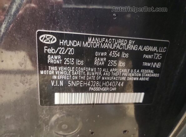 5NPEH4J28LH040744 2020 HYUNDAI SONATA Gray Շարժիչի բաժամունքի տեսք
