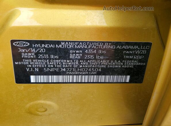 5NPEJ4J21LH024504 2020 HYUNDAI ELANTRA Золотой Вид подкапотного пространства