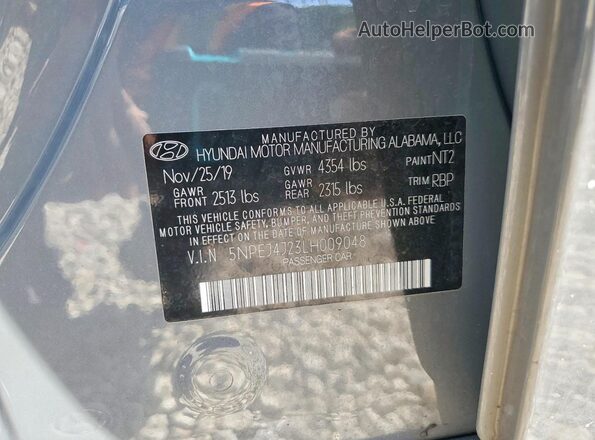 5NPEJ4J23LH009048 2020 HYUNDAI SONATA Gray VIN კოდის სტიკერის ხედი