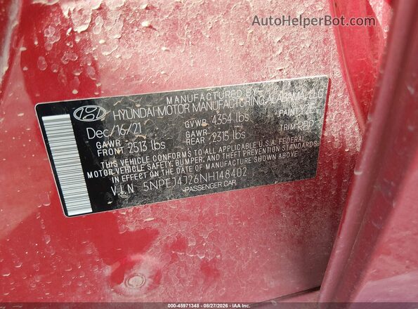 5NPEJ4J26NH148402 2022 HYUNDAI SONATA Красный Вид подкапотного пространства
