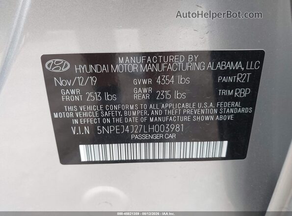5NPEJ4J27LH003981 2020 HYUNDAI SONATA Silver Вид підкапотного простору