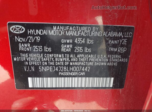5NPEJ4J28LH007442 2020 HYUNDAI SONATA Красный Вид подкапотного пространства