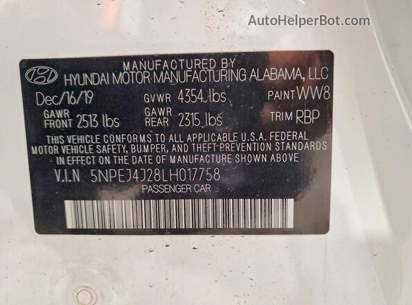5NPEJ4J28LH017758 2020 HYUNDAI SONATA White VIN კოდის სტიკერის ხედი