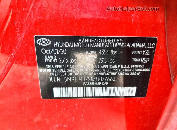 5NPEJ4J29MH077663 2021 HYUNDAI SONATA Red VIN sticker view