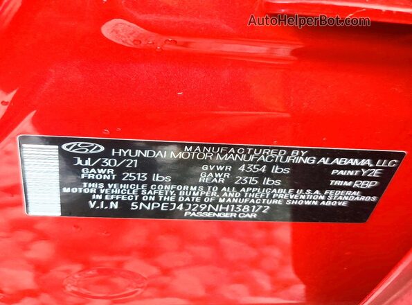 5NPEJ4J29NH138172 2022 HYUNDAI SONATA Red Vista del compartimento del motor