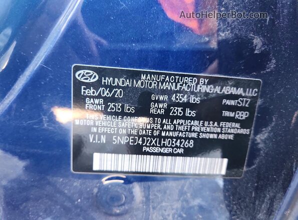 5NPEJ4J2XLH034268 2020 HYUNDAI SONATA Blue Vista del compartimento del motor
