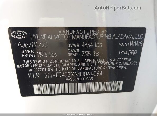 5NPEJ4J2XMH064064 2021 HYUNDAI SONATA White Vista del compartimento del motor
