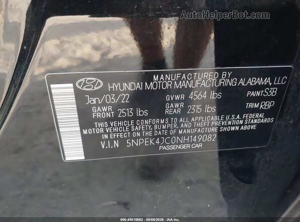 5NPEK4JC0NH149082 2022 HYUNDAI SONATA Black Widok komory silnika