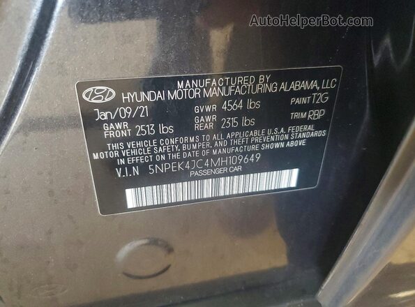 5NPEK4JC4MH109649 2021 HYUNDAI SONATA Gray Widok komory silnika
