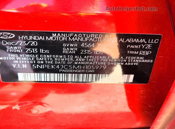 5NPEK4JC5MH105979 2021 HYUNDAI SONATA Красный Вид наклейки с VIN-кодом