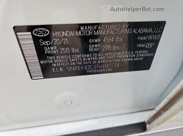 5NPEK4JC6NH142234 2022 HYUNDAI SONATA Белый Вид подкапотного пространства
