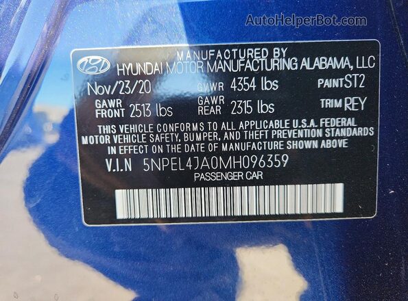 5NPEL4JA0MH096359 2021 HYUNDAI SONATA Blue ძრავის განყოფილების ხედი