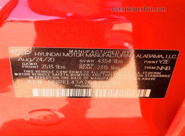 5NPEL4JA2MH068661 2021 HYUNDAI SONATA Red VIN sticker view