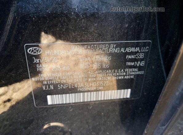 5NPEL4JA3LH031522 2020 HYUNDAI SONATA Black Շարժիչի բաժամունքի տեսք