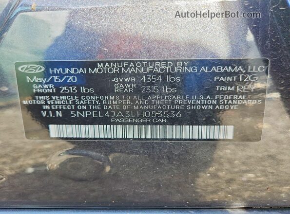 5NPEL4JA3LH053536 2020 HYUNDAI SONATA Gray VIN sticker view