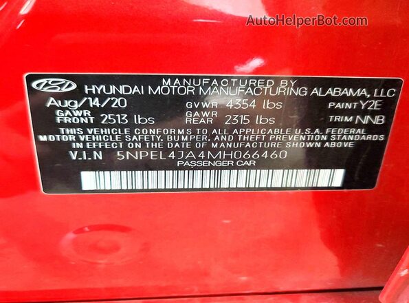 5NPEL4JA4MH066460 2021 HYUNDAI SONATA Красный Вид наклейки с VIN-кодом