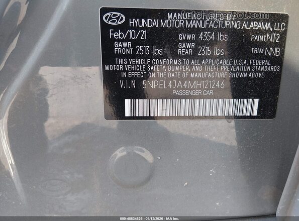 5NPEL4JA4MH121246 2021 HYUNDAI SONATA Gray Widok komory silnika