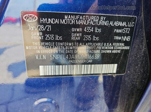5NPEL4JA9MH116639 2021 HYUNDAI SONATA Blue Vista del compartimento del motor