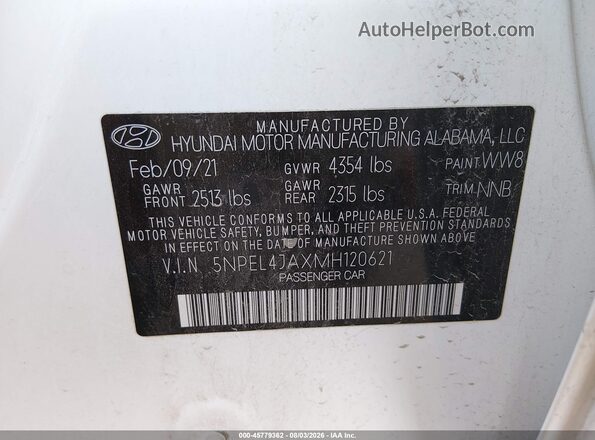 5NPEL4JAXMH120621 2021 HYUNDAI SONATA White ძრავის განყოფილების ხედი