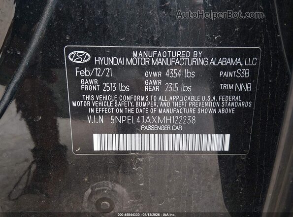 5NPEL4JAXMH122238 2021 HYUNDAI SONATA Black Vista del compartimento del motor