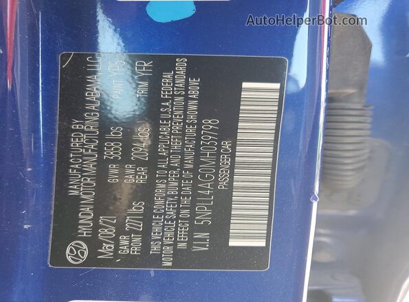 5NPLL4AG0MH039798 2021 HYUNDAI ELANTRA Blue Շարժիչի բաժամունքի տեսք