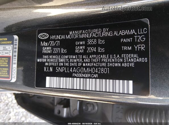 5NPLL4AG0MH042801 2021 HYUNDAI ELANTRA Gray Widok komory silnika