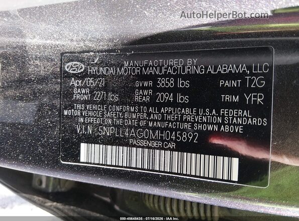 5NPLL4AG0MH045892 2021 HYUNDAI ELANTRA Gray Շարժիչի բաժամունքի տեսք