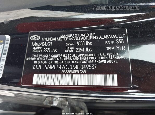 5NPLL4AG0MH049537 2021 HYUNDAI ELANTRA Black Вид підкапотного простору