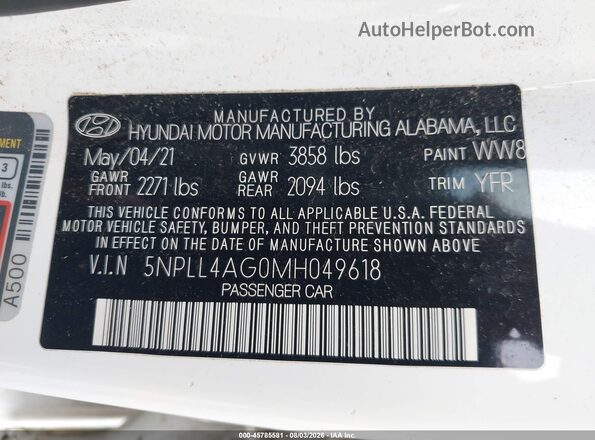 5NPLL4AG0MH049618 2021 HYUNDAI ELANTRA White Вид підкапотного простору
