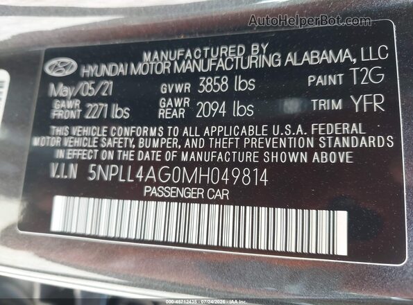 5NPLL4AG0MH049814 2021 HYUNDAI ELANTRA Gray Vista del compartimento del motor