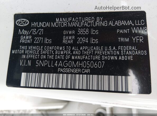 5NPLL4AG0MH050607 2021 HYUNDAI ELANTRA Белый Вид подкапотного пространства