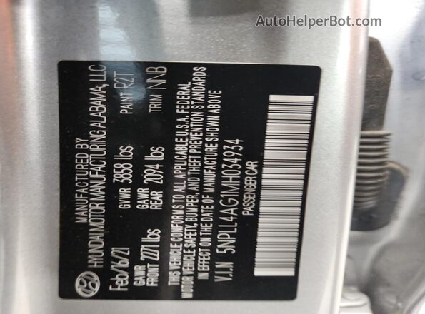 5NPLL4AG1MH034934 2021 HYUNDAI ELANTRA Silver VIN sticker view
