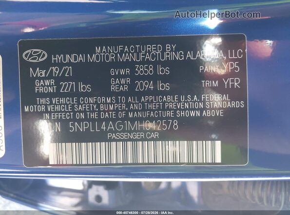 5NPLL4AG1MH042578 2021 HYUNDAI ELANTRA Blue Вид підкапотного простору