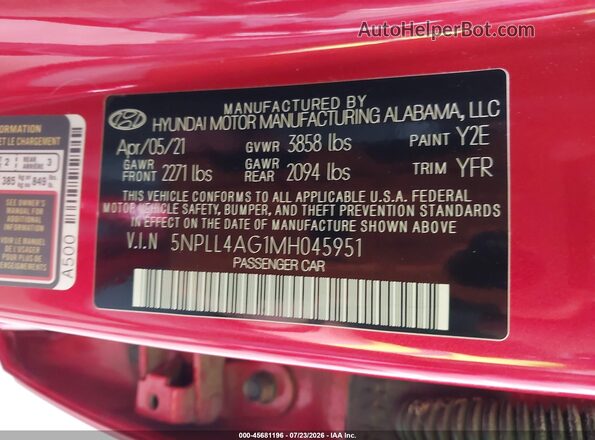 5NPLL4AG1MH045951 2021 HYUNDAI ELANTRA Red Engine compartment view