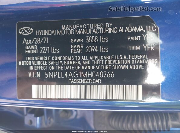 5NPLL4AG1MH048266 2021 HYUNDAI ELANTRA Blue Vista del compartimento del motor