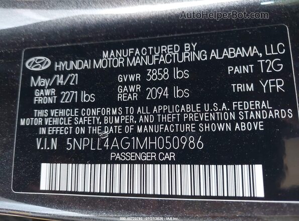 5NPLL4AG1MH050986 2021 HYUNDAI ELANTRA Gray Widok komory silnika