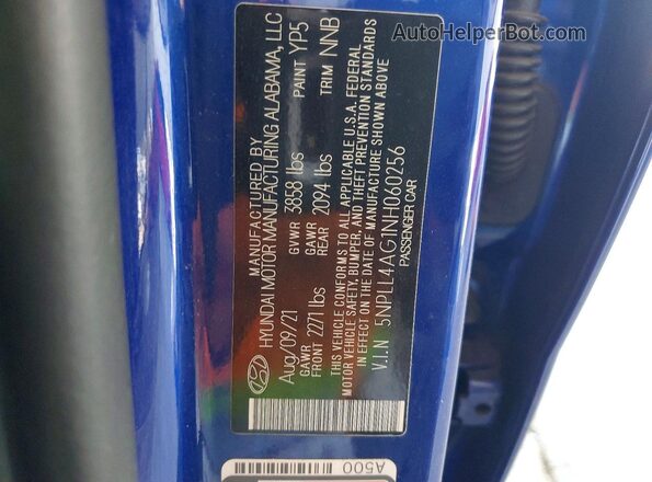 5NPLL4AG1NH060256 2022 HYUNDAI ELANTRA Blue Շարժիչի բաժամունքի տեսք