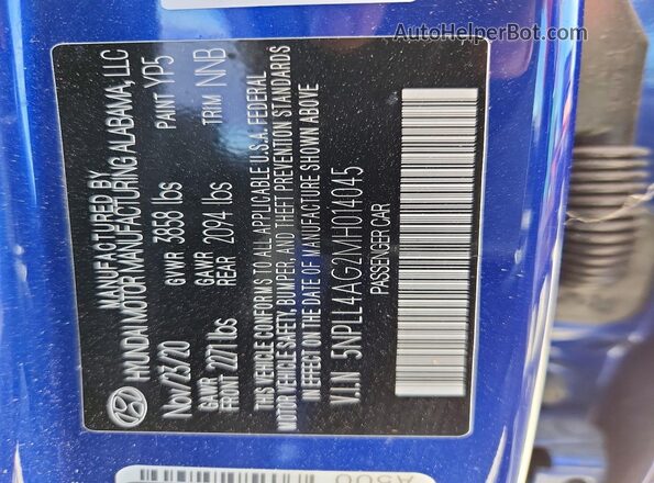 5NPLL4AG2MH014045 2021 HYUNDAI ELANTRA Blue VIN კოდის სტიკერის ხედი
