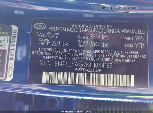 5NPLL4AG2MH044162 2021 HYUNDAI ELANTRA Blue Vista del compartimento del motor