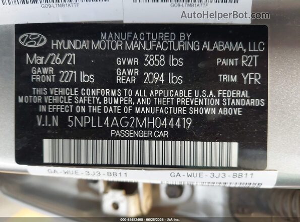 5NPLL4AG2MH044419 2021 HYUNDAI ELANTRA Gray Widok komory silnika
