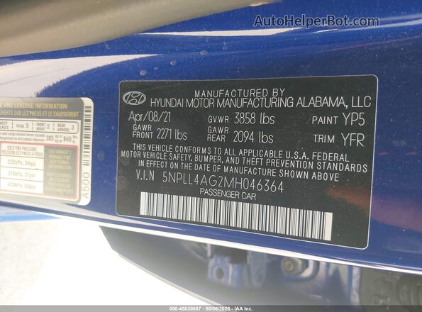5NPLL4AG2MH046364 2021 HYUNDAI ELANTRA Blue Widok komory silnika