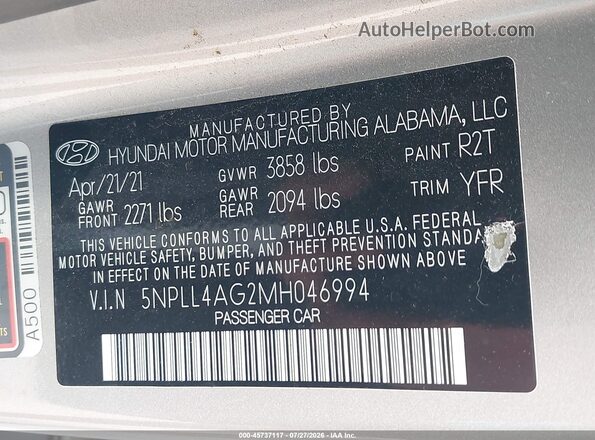 5NPLL4AG2MH046994 2021 HYUNDAI ELANTRA Gray Engine compartment view