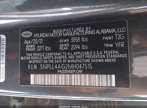 5NPLL4AG2MH047515 2021 HYUNDAI ELANTRA Gray Vista del compartimento del motor